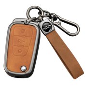 Metal Leather 3 Button Flip Key Fob Cover Fit for MG MG3 MG5 MG6 MG7 HS EV MG ZS GT GS Roewe RX5 350 360 750 W5 2017-2021 Accessories Keyless Key Holder with Keychain