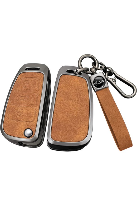 Metal Leather 3 Button Flip Key Fob Cover Fit for Audi A1 A3 2015 Q3 Q7 R8 A6L TT S6 Key Case Keyless with Leather Keychain