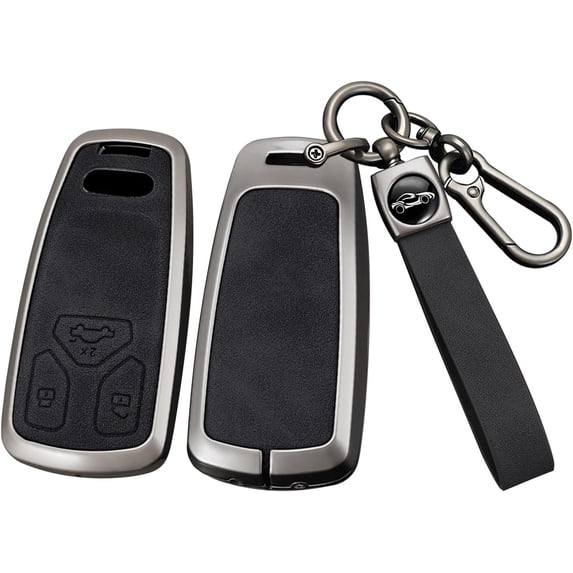 Metal Leather 3 Button Flip Key Fob Cover Fit for Audi A1 A3 2015 Q3 Q7 R8 A6L TT S6 Key Case Keyless with Leather Keychain