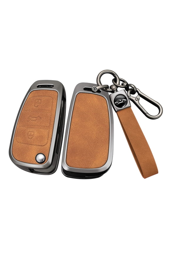 Metal Leather 3 Button Flip Key Fob Cover Fit for Audi A1 A3 2015 Q3 Q7 R8 A6L TT S6 Key Case Keyless with Leather Keychain