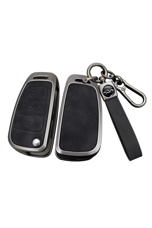 Metal Leather 3 Button Flip Key Fob Cover Fit for Audi A1 A3 2015 Q3 Q7 R8 A6L TT S6 Key Case Keyless with Leather Keychain