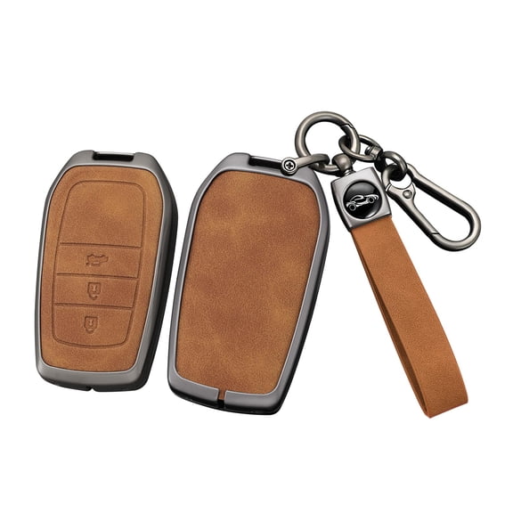 Metal Leather 3 Button Key Fob Cover Case Fit for Toyota Land Cruiser Venza RAV4 Corolla Se Grand Highlander Tundra Crown Tacoma TRD Keyless Key Shell with Keychain