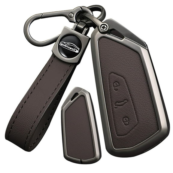 Metal & Leather Fit for Volkswagen Key Fob Cover Case Compatible with VW ID.4 2023 ID.3 Golf 8 Skoda Octavia Seat Leon MK4 Keyless Key Protector with Leather Keychain
