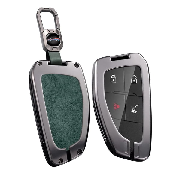 Metal and Leather Key Fob Case Fit for GMC Hummer EV Yukon Canyon Sierra Acadia Terrain 2021-up Smart Remote Car Key Bag Antiscratched Key Shell Cover with Keychain