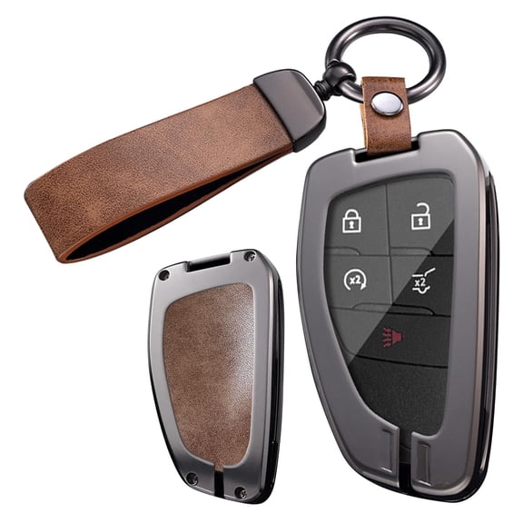 Metal and Leather Key Fob Case Fit for GMC Hummer EV Yukon Canyon Sierra Acadia Terrain 2021-up Smart Remote Car Key Bag Antiscratched Key Shell Cover with Keychain