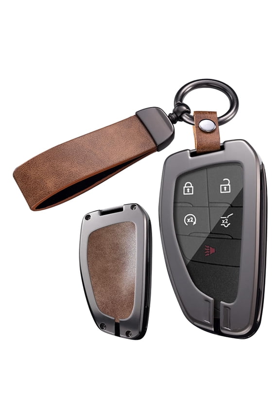 Metal and Leather Key Fob Case Fit for GMC Hummer EV Yukon Canyon Sierra Acadia Terrain 2021-up Smart Remote Car Key Bag Antiscratched Key Shell Cover with Keychain