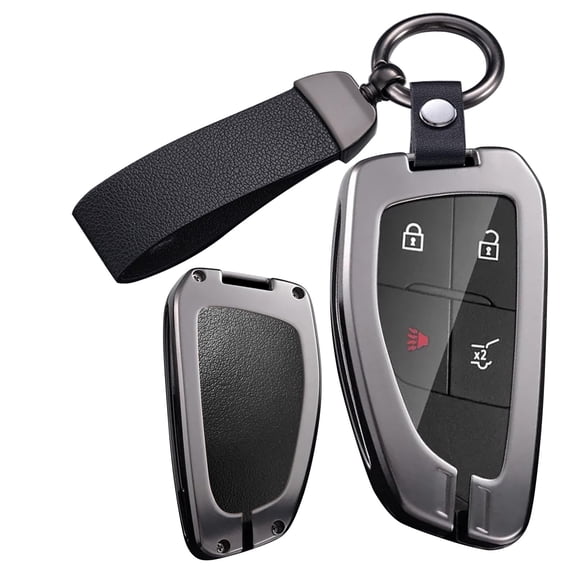 Metal and Leather Key Fob Case Fit for GMC Hummer EV Yukon Canyon Sierra Acadia Terrain 2021-up Smart Remote Car Key Bag Antiscratched Key Shell Cover with Keychain