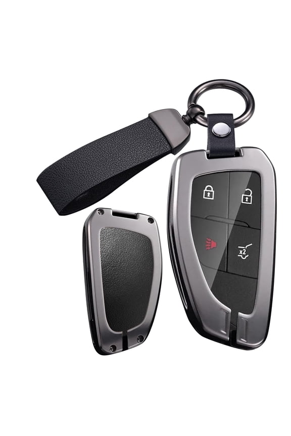 Metal and Leather Key Fob Case Fit for GMC Hummer EV Yukon Canyon Sierra Acadia Terrain 2021-up Smart Remote Car Key Bag Antiscratched Key Shell Cover with Keychain