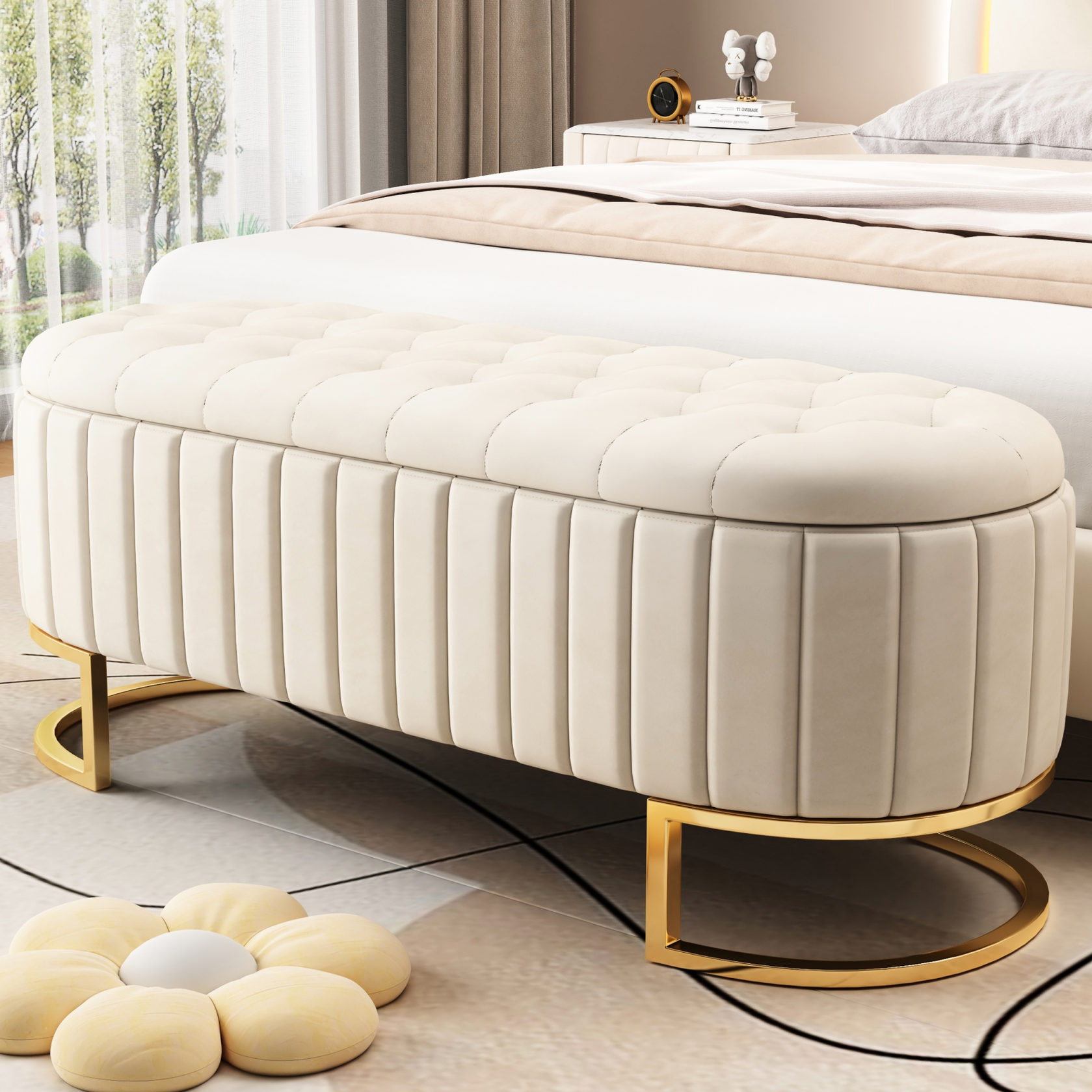 Metal-Legged Beige Ottoman - Quick Setup for Living Room Storage ...