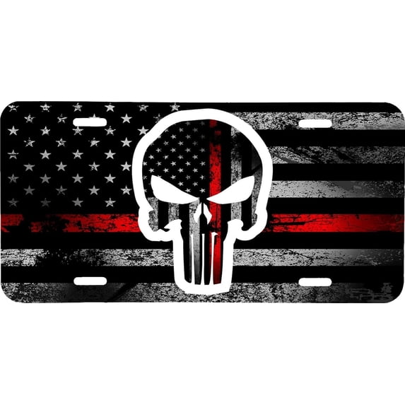 Metal License Plates Thin Red Line Flag With For Punisher Fans Skull License Plate Vehicle Auto Vehicle Tag Truck Tractor Trailer Semi Tyl Design-Tf-86-59