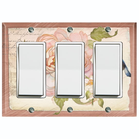 Metal Light Switch Plate Cover Antique Floral Hummingbird Home Sketch FLW097