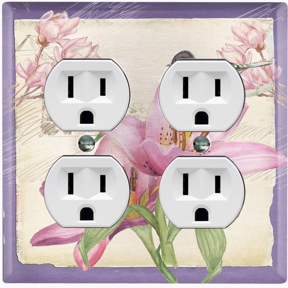 Metal Light Switch Plate Cover Antique Floral Hummingbird Home Sketch Purple FLW101
