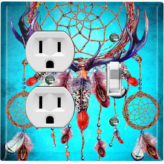 Metal Light Switch Plate Cover Beaded Feather Dreamcatcher Teal DRM004