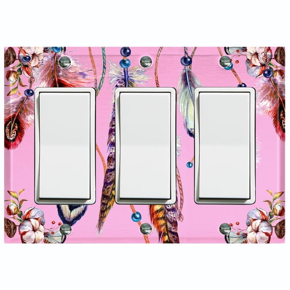 Metal Light Switch Plate Cover Beaded Feather Flower Strings Pink DRM012