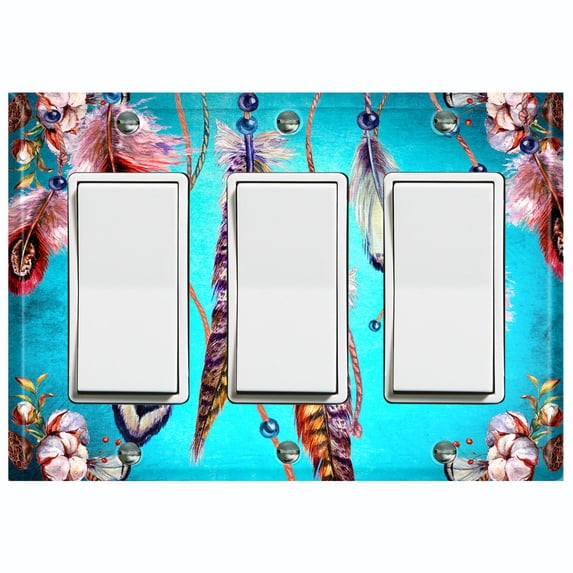Metal Light Switch Plate Cover Beaded Feather Flower Strings Teal DRM013
