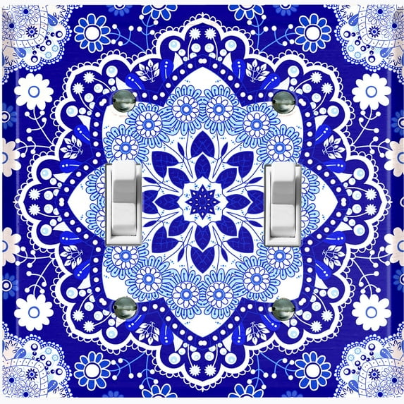 Metal Light Switch Plate Cover Blue White Snowflake Mandala Tile Pattern MDL086