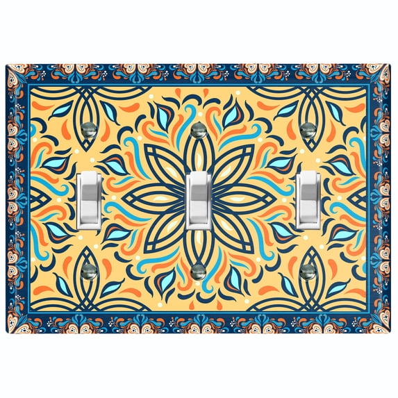 Metal Light Switch Plate Cover Blue Yellow Mandala Lotus Flower Tile Pattern TIL039