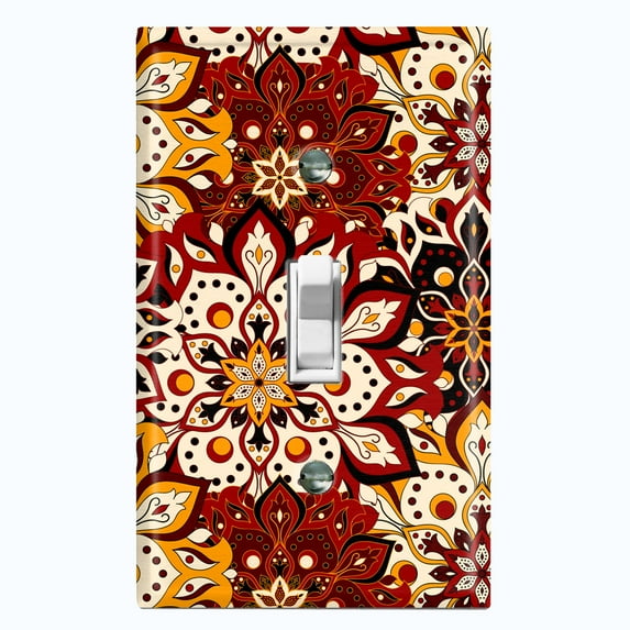 Metal Light Switch Plate Cover Colorful Black Red Mandala Flower Tile Pattern MDL027