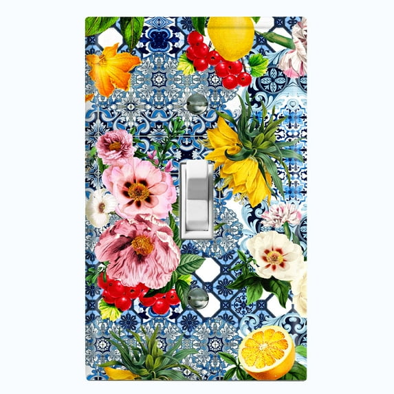 Metal Light Switch Plate Cover Colorful Flowers Fancy Blue Tile Pattern TIL010