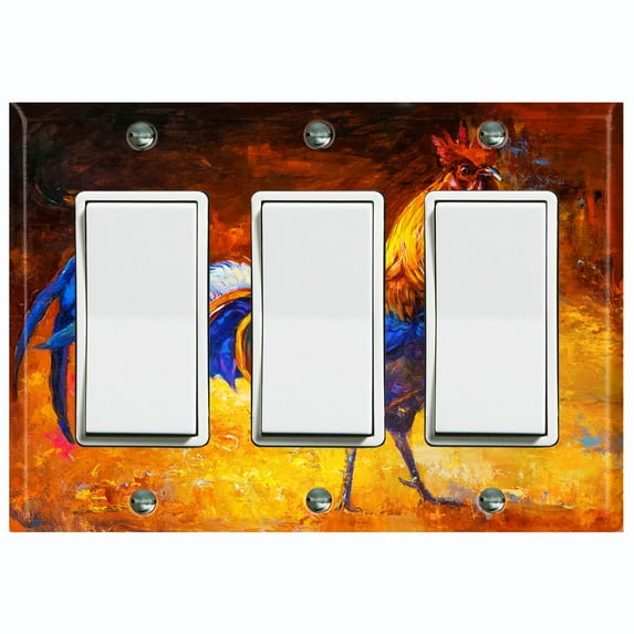 Metal Light Switch Plate Cover Colorful Rooster Fiery Sunset Portrait Painting PNT006