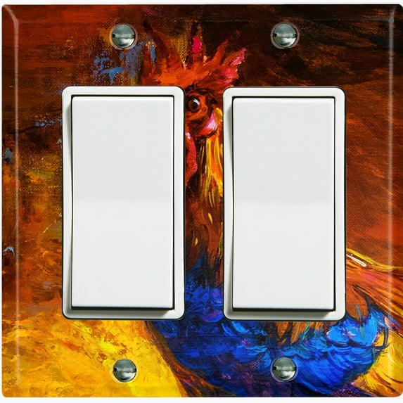 Metal Light Switch Plate Cover Colorful Rooster Fiery Sunset Portrait Painting PNT012