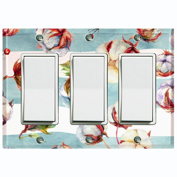 Metal Light Switch Plate Cover Cotton Flower Teal Stripes FLW021