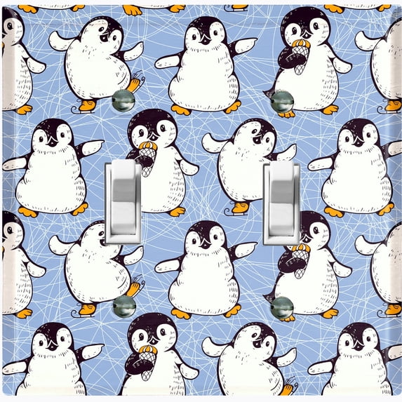 Metal Light Switch Plate Cover Cute Penguins Ice Skating Blue BRD002