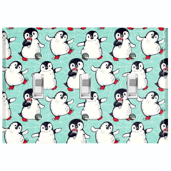 Metal Light Switch Plate Cover Cute Penguins Ice Skating Teal BRD001