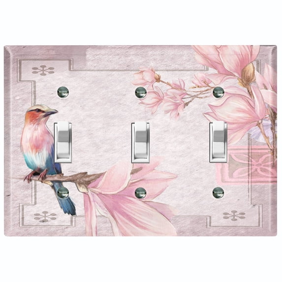 Metal Light Switch Plate Cover Elegant Floral Hummingbird Frame Tile Pink FLW108