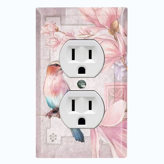 Metal Light Switch Plate Cover Elegant Floral Hummingbird Frame Tile Pink FLW108