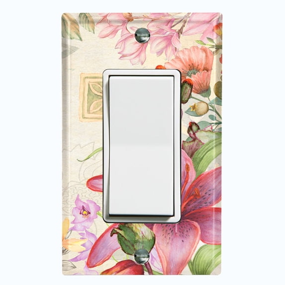 Metal Light Switch Plate Cover Elegant Floral Hummingbird Frame Tile Pink FLW109