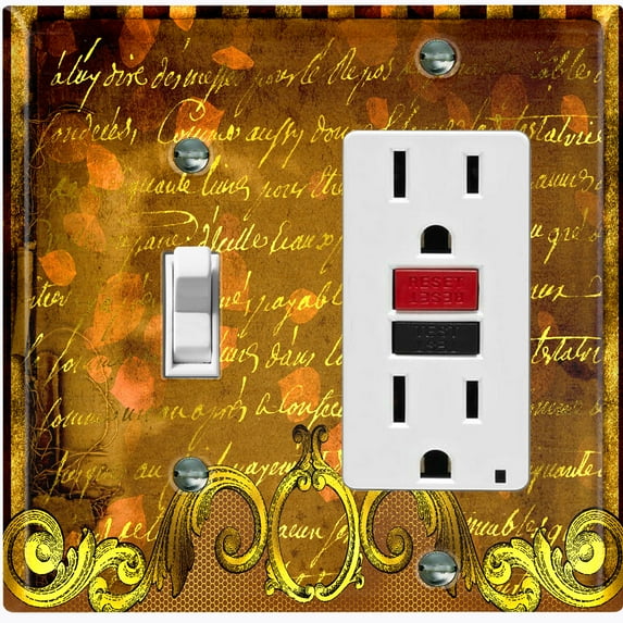 Metal Light Switch Plate Cover Elegant Golden Brown Letter Frame Damask DAM070