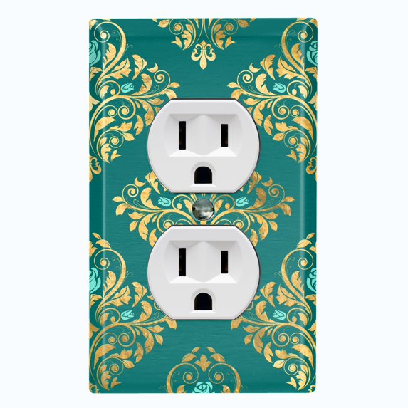 Metal Light Switch Plate Cover Elegant Green Yellow Damask DAM088