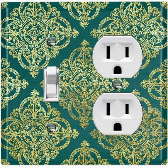 Metal Light Switch Plate Cover Elegant Green Yellow Diamond Cross Damask DAM091