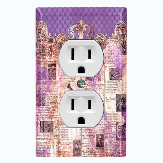Metal Light Switch Plate Cover Elegant Purple Cat Newspaper Frame Damask DAM071