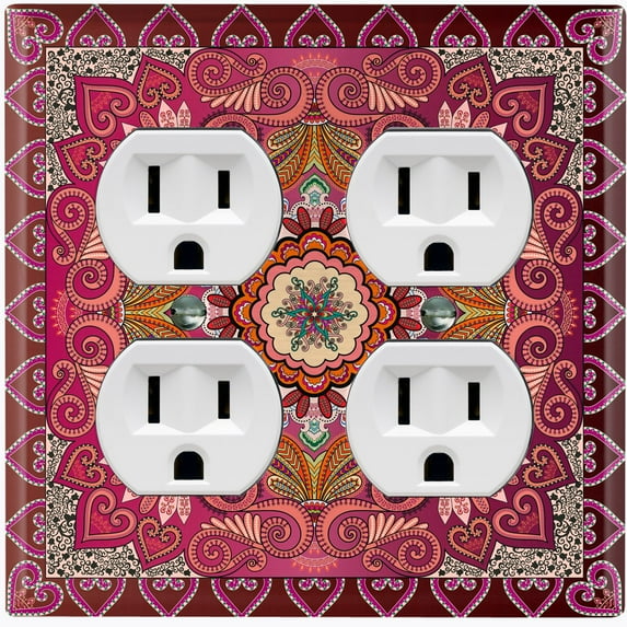 Metal Light Switch Plate Cover Elegant Red Mandala Flower Tile Pattern TIL068