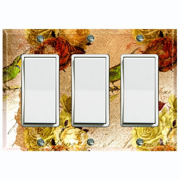 Metal Light Switch Plate Cover Elegant Red Yellow Roses Green Bird DAM064