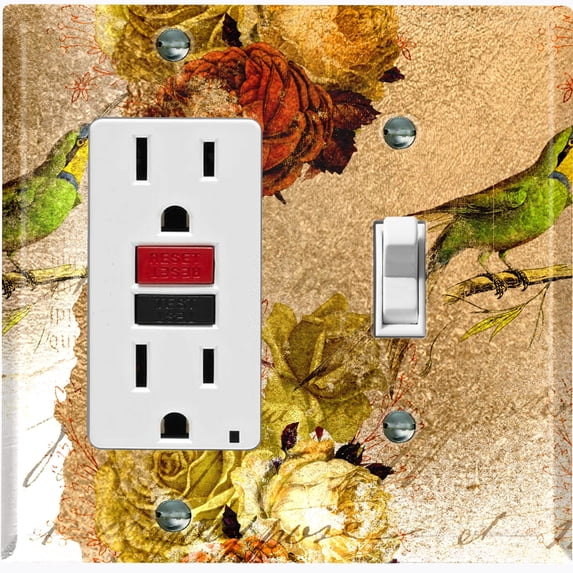 Metal Light Switch Plate Cover Elegant Red Yellow Roses Green Bird DAM064