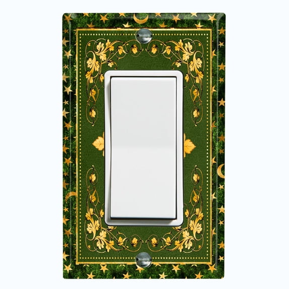 Metal Light Switch Plate Cover Elegant Starry Night Yellow Leaf Damask Green Frame FRA023