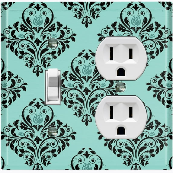 Metal Light Switch Plate Cover Elegant Teal Black Diamond Rose Damask DAM095