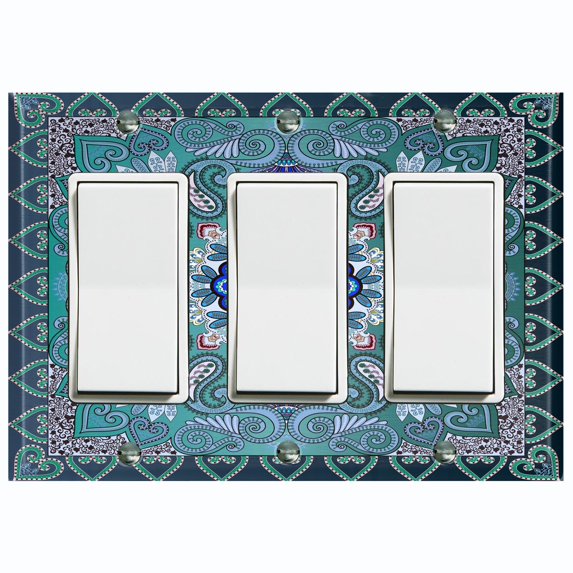 Metal Light Switch Plate Cover Elegant Teal Mandala Flower Tile Pattern TIL062