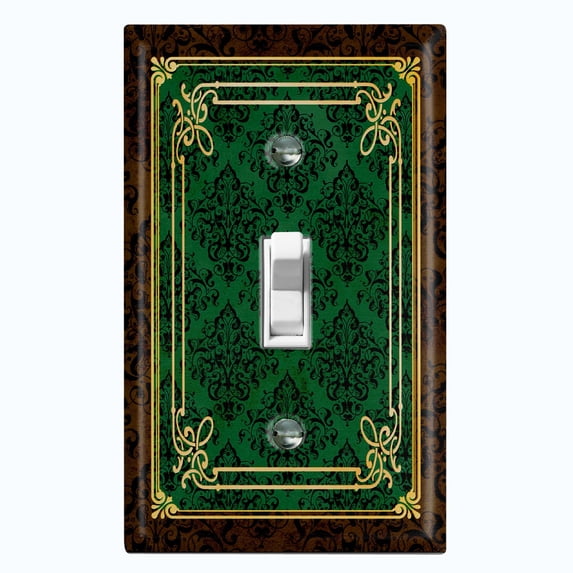 Metal Light Switch Plate Cover Elegant Victorian Floral Damask Frame Green FRA078