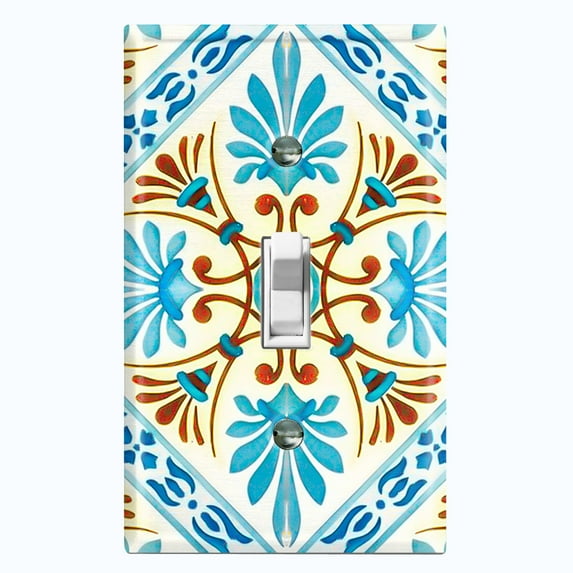 Metal Light Switch Plate Cover Fancy Teal Beige Tile Pattern TIL020