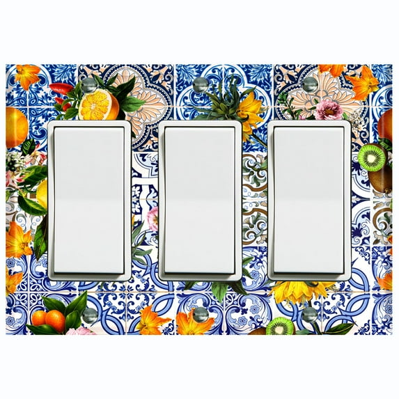 Metal Light Switch Plate Cover Floral Fruit Blue Tile Pattern Collage TIL004