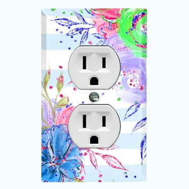 Metal Light Switch Plate Cover Floral Pastel Blue Striped Pattern FLW007