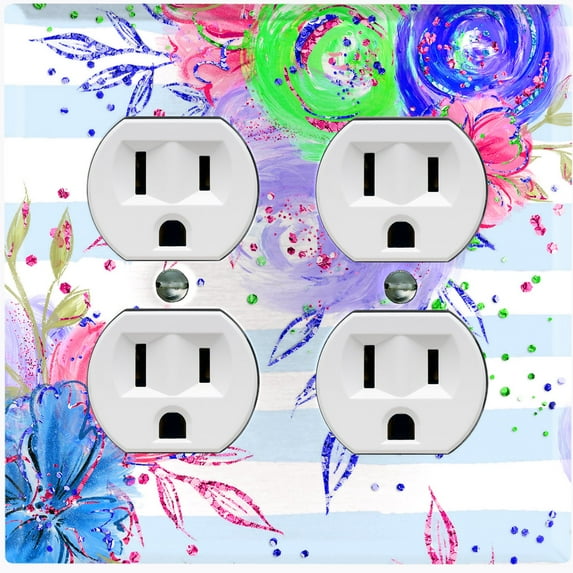 Metal Light Switch Plate Cover Floral Pastel Blue Striped Pattern FLW007