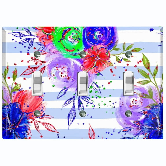 Metal Light Switch Plate Cover Floral Pastel Teal Striped Pattern FLW009