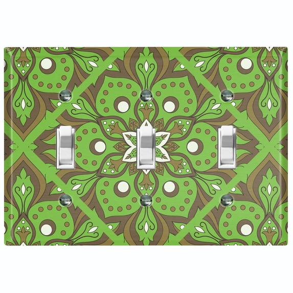 Metal Light Switch Plate Cover Green Brown Mandala Flower Tile Pattern MDL040