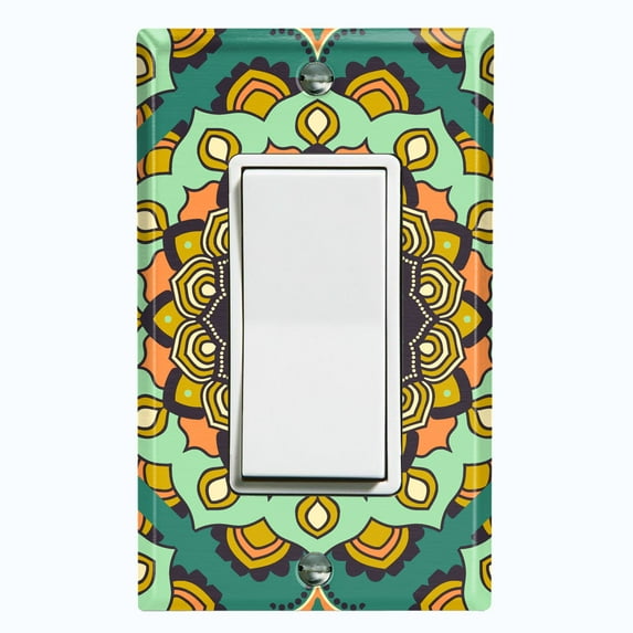 Metal Light Switch Plate Cover Green Orange Mandala Flower Tile Pattern MDL117