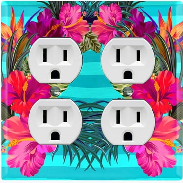 Metal Light Switch Plate Cover Hibiscus Flower Wreath Teal Stripes FLW031